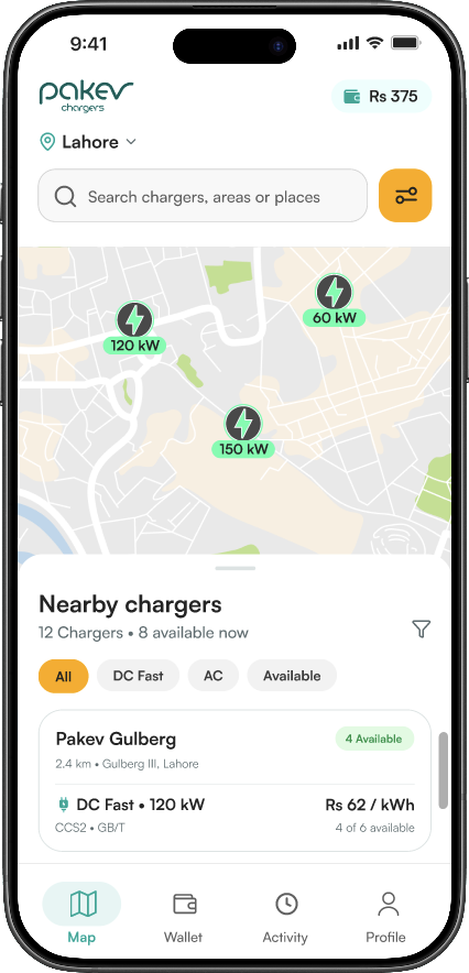 PAK EV Chargers app showing a map of nearby chargers